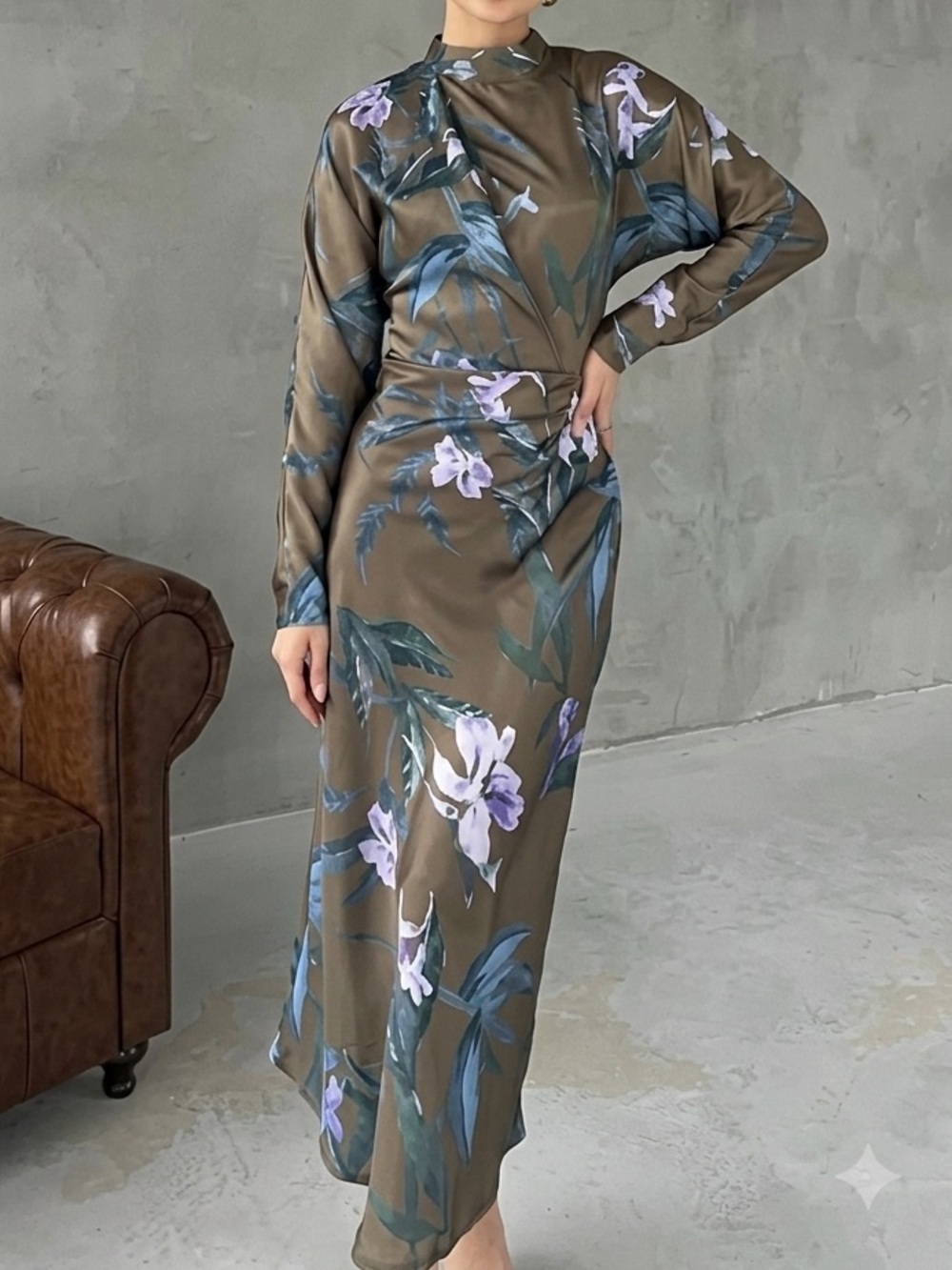 Zara Olive Green Maxi Dress with Blue Floral Print